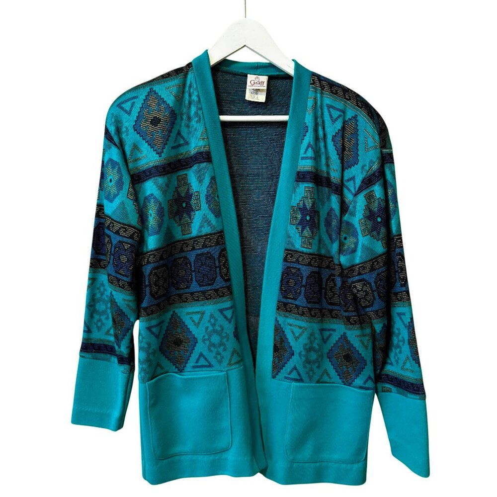 Vtg 80s Graff Teal Blue Geometric Print Metallic Detail Open Cardigan Sweater 6